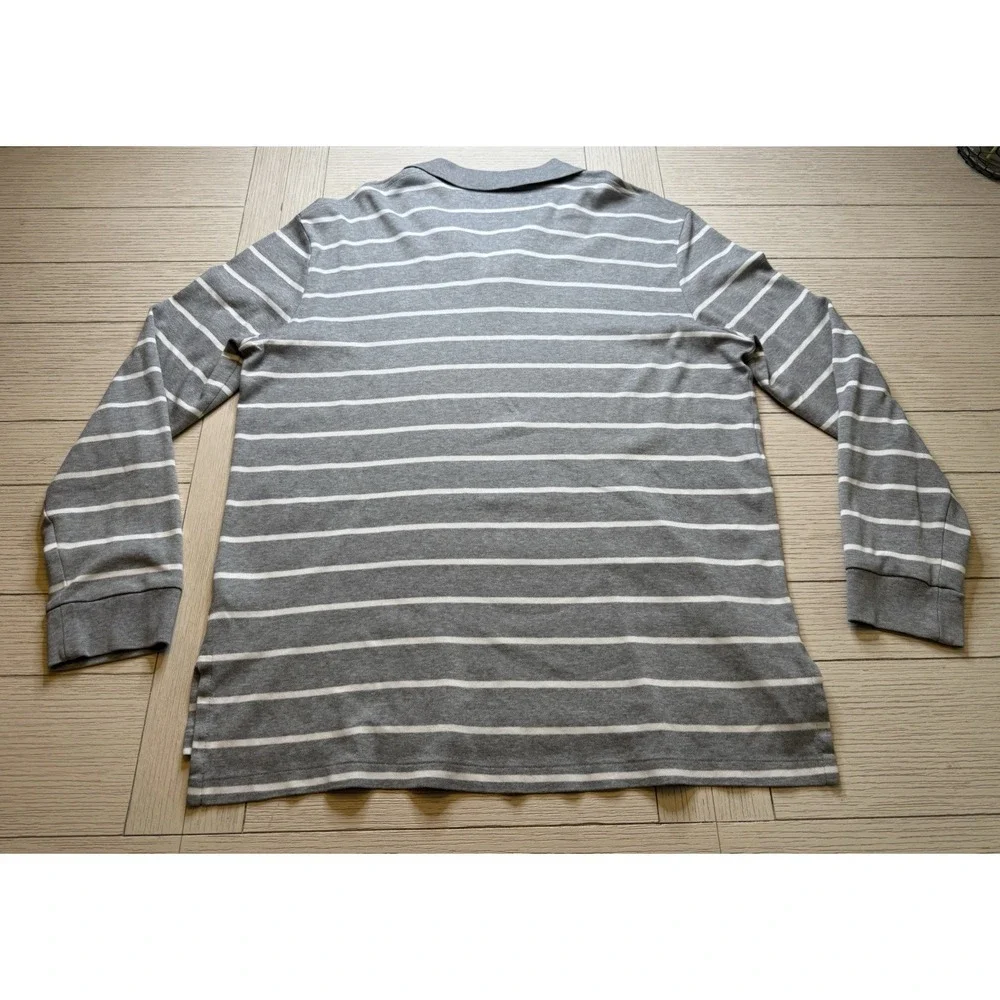 Polo by Ralph Lauren Mens Long Sleeve Gray‎ White Stripe Polo Shirt Navy Logo XL